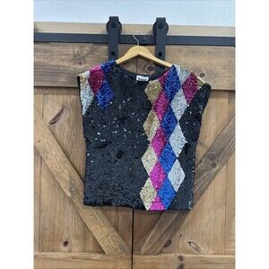 Vintage 80s Shomax Gold Pink Blue Diamond Blouse Women’s Sz M Sequin 100% Silk